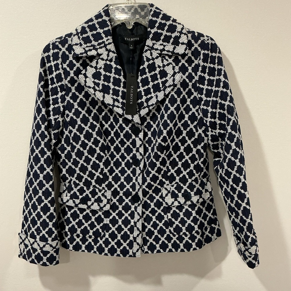 Talbots Blazer Jacket Lined Women's Size 4 Blue And White Geometric Office Work